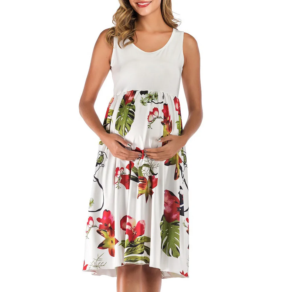 Платье для беременных с О-образным вырезом без рукавов со вставками и жилет с цветочным узором по колено платье для беременных на лето элегантное пляжное платье, лидер продаж - Цвет: Белый