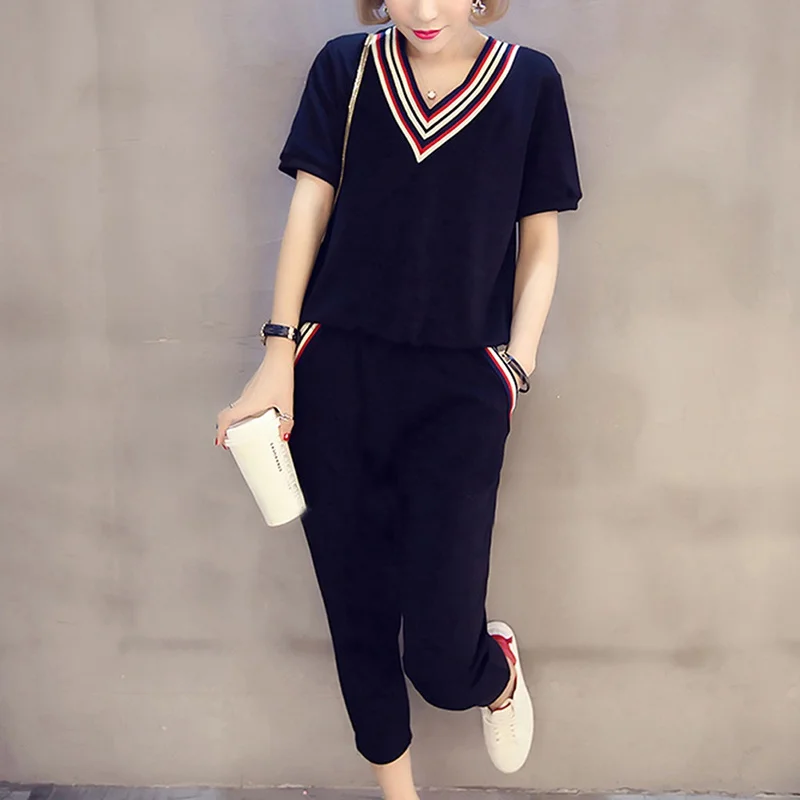 

Plus Size New Women Summer Casual Two-piece Suits Striped Patchwork V-Neck Short T Shirt+Long Pants Tracksuit Women Sets