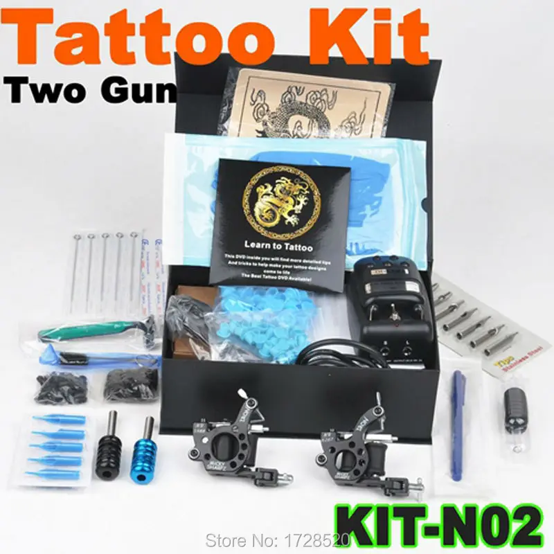 ФОТО 2015 Best Selling Complete Tattoo Kit 2 Tattoo Machine Guns Power Supply Tattoo Needles Set Tattoo Accessories Free Shipping