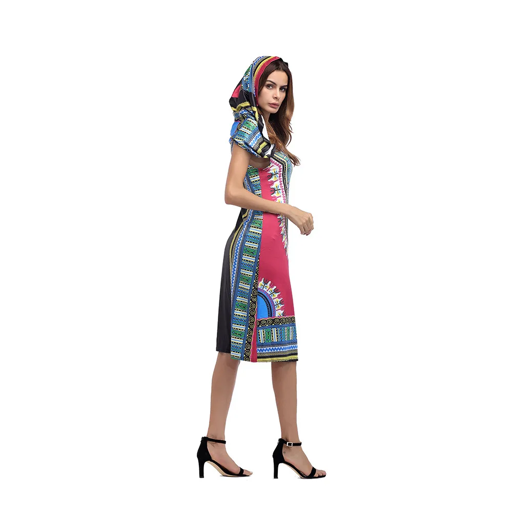 2018 Women Dress Suits Printed Geometric Hooded sleeveless summer printing hooded skirt female fashion national style Dress