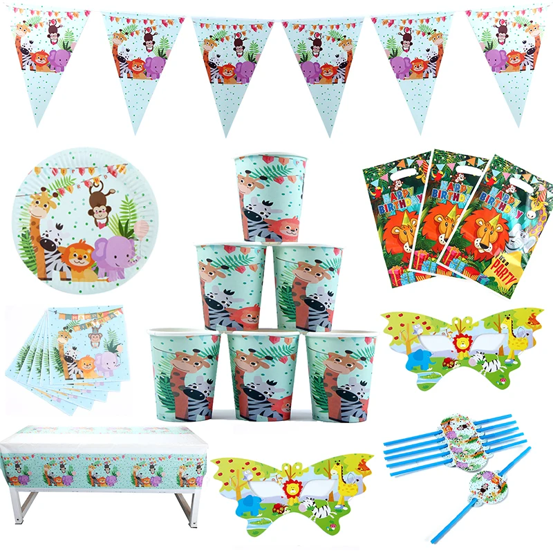 

81Pcs\Lot Jungle Animal Theme Party Banner/Gift Bag /Birthday Plate Popcorn Cup 1st Birthday Party Decoration Kids Favor Supplie