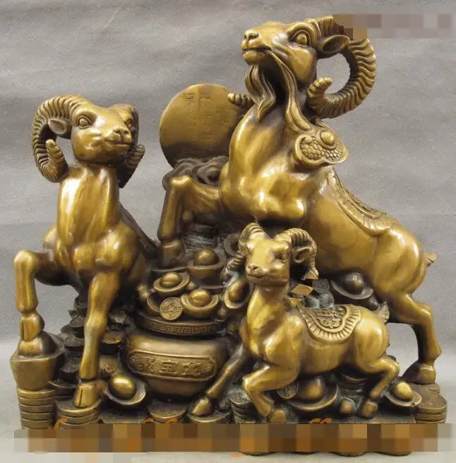 

S01325 16" Folk China Auspicious Bronze Zodiac 3 Sheep Goat Send Wealth Treasure Statue B0403