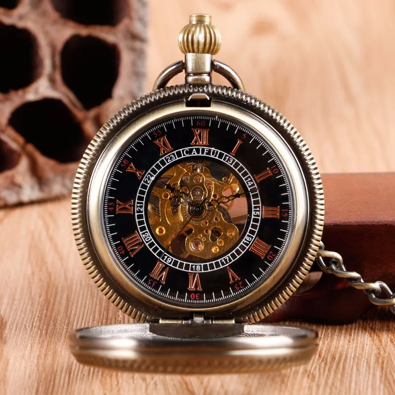 Старинные классические бронзовые прозрачные часы-скелетоны механическая ручная намотка карманные часы псевдо-антиквариат подвеска цепь