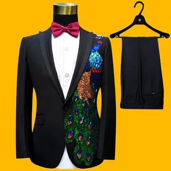 

BOU 2020 male fashion studio peacock sequined suit suit two piece
