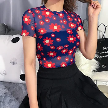 

2019 New Sexy Women Sheer Mesh Fish Net Tee Blouses Ladies Summer Short Sleeve See-through Crop Tops See-through Flowers Shirt