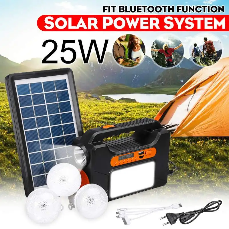 US $52.10 USB Charger System Solar Power Panel Generator Kitbluetooth Radio3 LED Bulb Light for Home Outdoor Emergency Charging Lighting