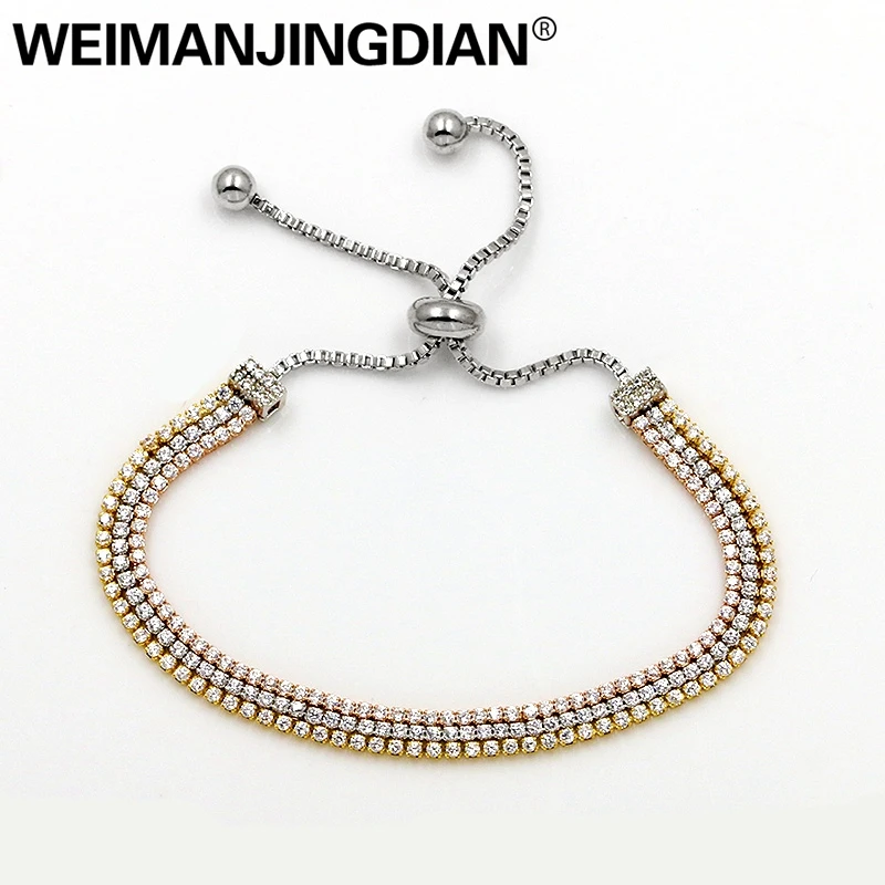 

WEIMANJINGDIAN New Arrival 3 Rows and 3 Colors Joined Cubic Zirconia CZ Crystal Adjustable Zircon Bracelets for Women or Wedding
