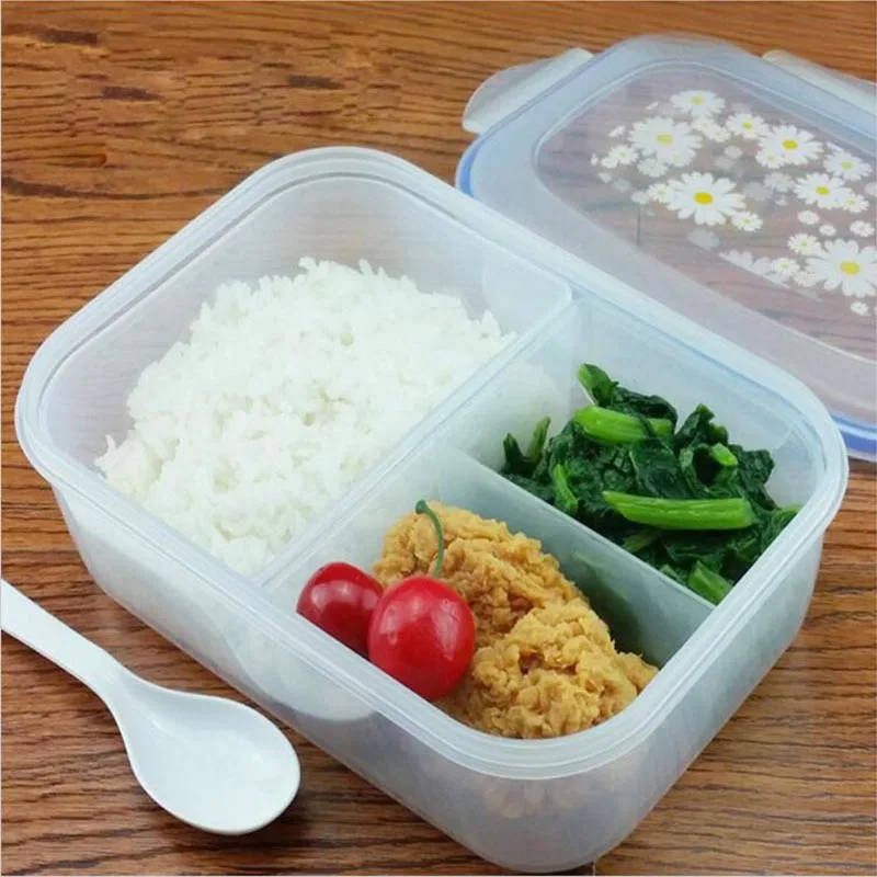 

Newest 1100ml Portable Microwavable Lunch Boxes with 3 Removable Partition Grids Picnic Bento Food Container Storage with Spoon