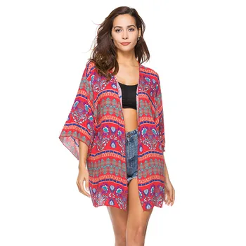 

Women Blouses Cardigan Bolero Three Quater Flare Sleeve Pattern Bohemia Thin Shirt Crochet Blusas Tops Printing Summer Blouses