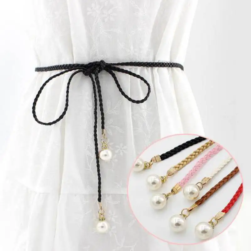 Elegant Women Belt Pearl Hemp Rope Braid Belt Solid Color Female Belts