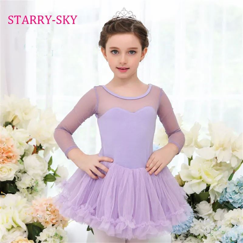 

Kid Girls Long Sleeve Ballet Dance Dress Fitness Gymnastics Bodysuit Leotard Perspective Dance Leotard Cotton Costumes Wear Tutu