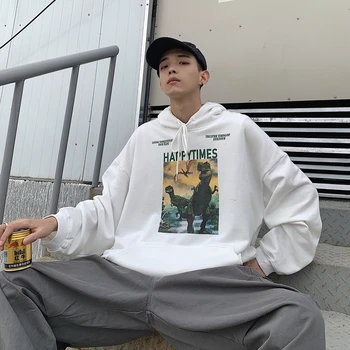 

2019 Autumn New Korean Japanese Men's Dinosaur Printing Hooded Loose Trend Wild Couple Casual Pullover Lil Peep Harajuku