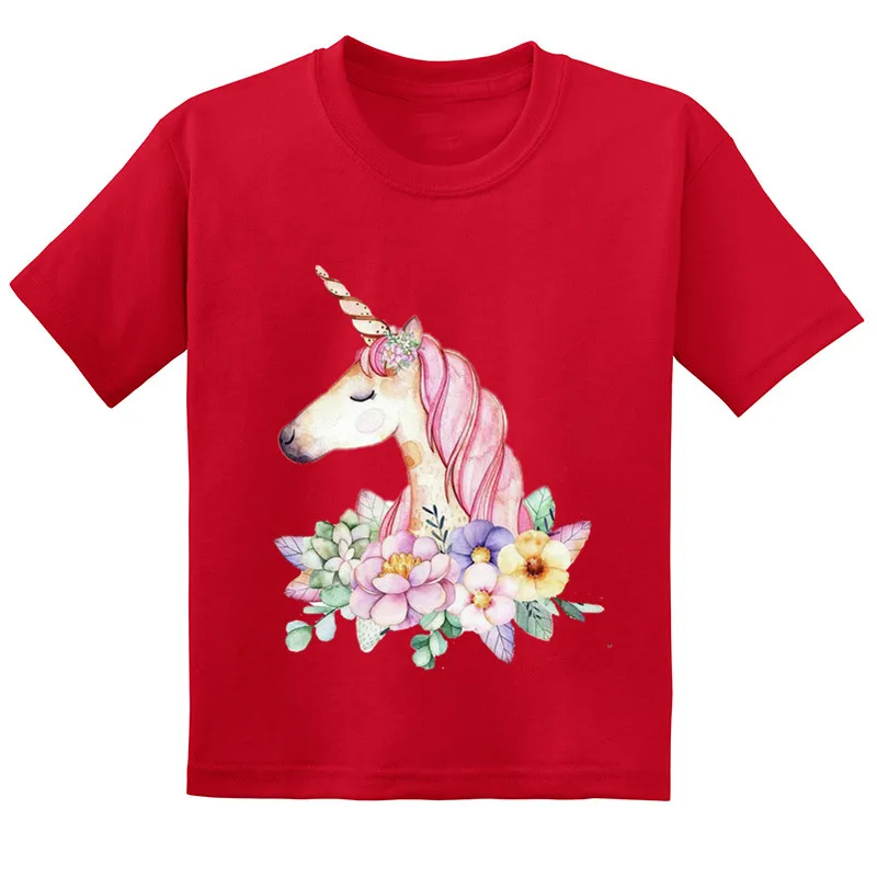 Лидер продаж, розовые детские Забавные футболки с единорогом Детская летняя хлопковая одежда в стиле Харадзюку повседневные футболки для мальчиков и девочек GKT207 - Цвет: Red-A-