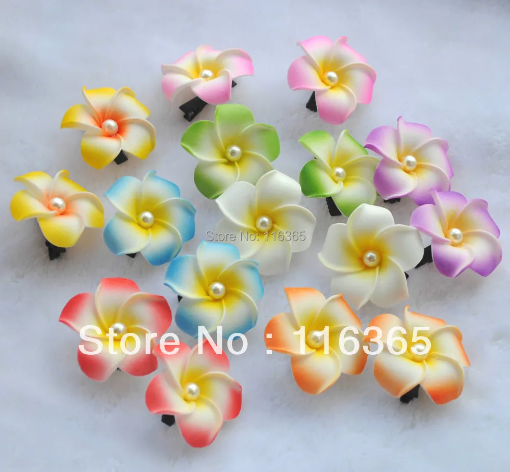 80pcs/Lot 4.5cm Frangipani Hair Flower with Pearl in Center Hawaiian