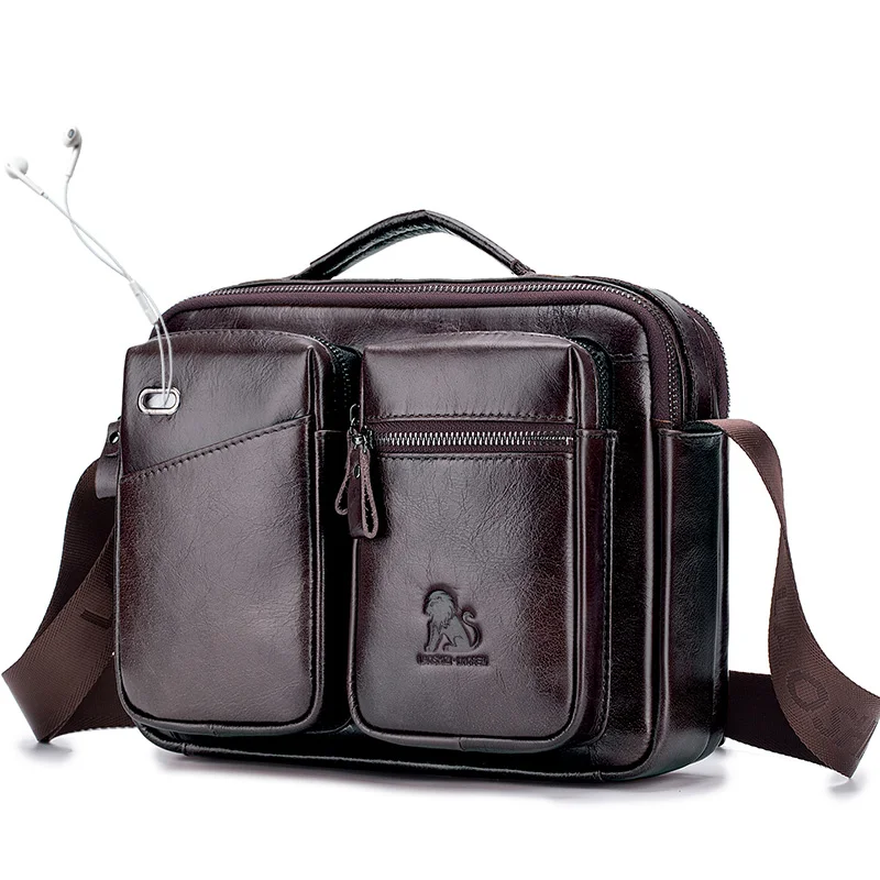 

Genuine Cow Leather Men Bags 10.5 Inches IPad Male Handbag Large Capacity Men Shoulder Bag Classic Zipper Travel Bags for Men