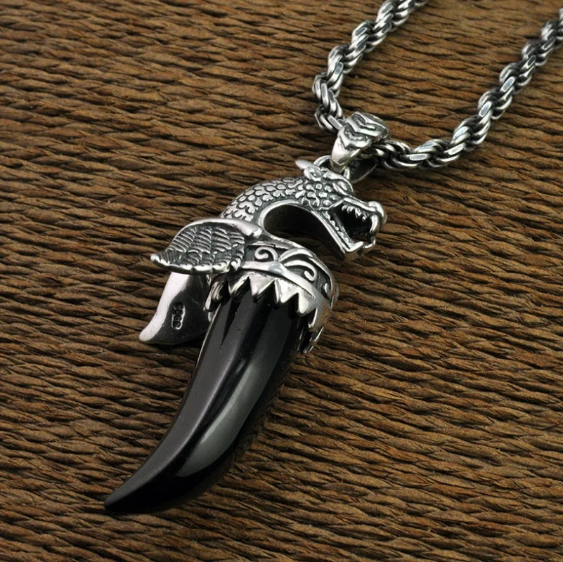 

Pure Silver Original Sterling 925 Thai Silver Pterosaur Black Agate Gem S925 Pendant Vintage Solid Silver Jewelry (HY)