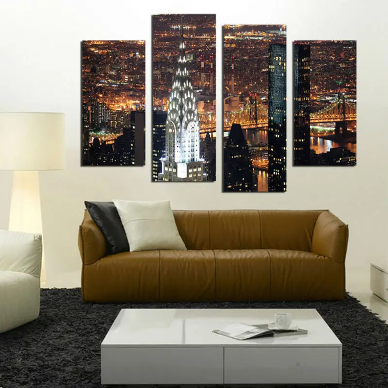 4 Panels New York City Night Prints Canvas Paintings Wall Art Poster
