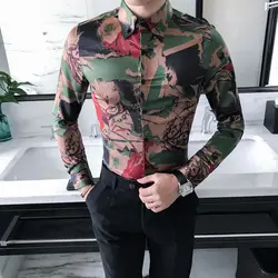 Высокое качество Корейская рубашка Для мужчин Мода 2018 Новинка весны с длинным рукавом камуфляж печать Для мужчин Повседневное рубашки Slim