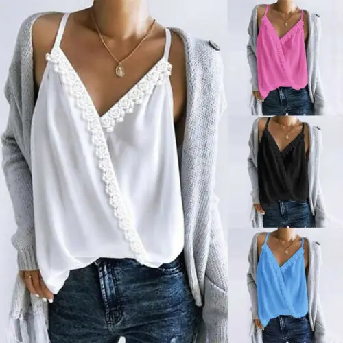 Women Sleeveless V Neck Tank Top Plain Summer Lace Loose Vest Sexy Crop Top Casual Girls Women's Clothes Beachwear Tee