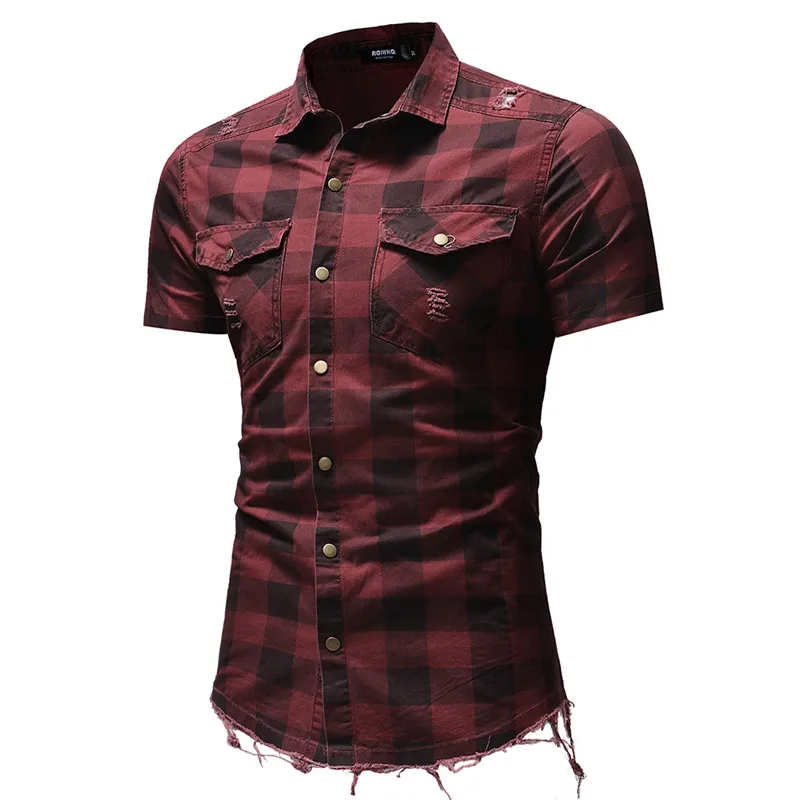 HuLooXuJi Новая модная мужская летняя рубашка повседневная с коротким рукавом клетчатая хлопковая дышащая Рабочая джинсовая рубашка US Размер