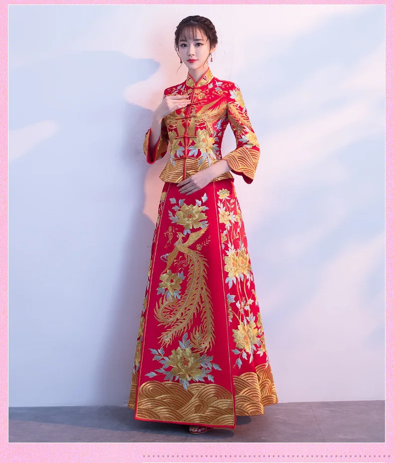Красный невесты традиции 2018 традиционный вечернее платье в китайском стиле модные свадебные дракон феникс кимоно Винтаж Cheongsam Qipao Женская