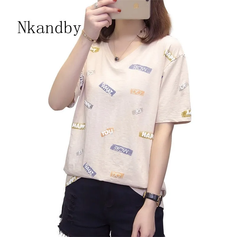 

Plus Size Bamboo Cotton Women's T-shirts 2019 Summer Clothes V neck Letter Print Top Woman Oversized Short Sleeve Tshirt Mujer