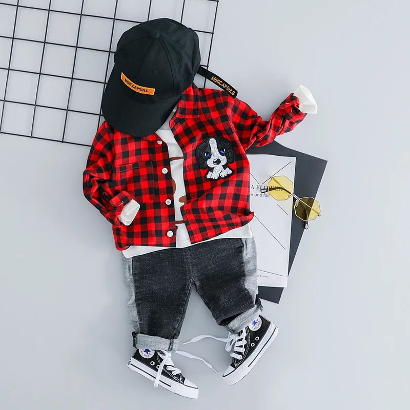 Beste Hylkidhuose Baby Kleding Suits 2019 Lente Baby Meisjes Jongens Kleding Sets Revers Plaid Shirt Jeans Cartoon Kids Kinderen Kostuum