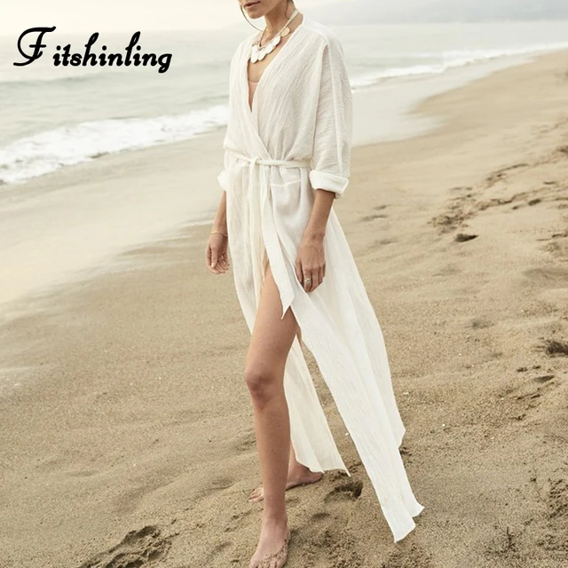 Us 1439 40 Offfitshinling Bohemian White Beach Cover Up Sashes Slit Sexy Hot Long Cardigan Kimono Swimwear Autumn Long Sleeve Cover Ups Sale In
