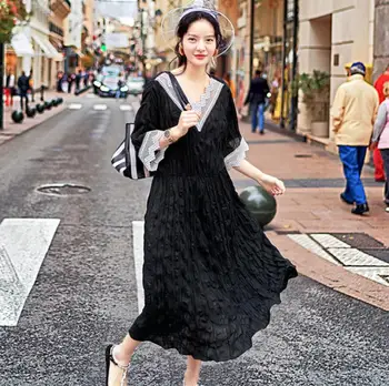 

Elegant Black V-Neck Long Dress Designer Sexy Lace Swing Loose Dress Summer Women Party Vestidos Sundress