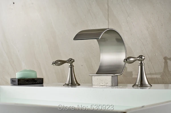 

New US Free Shipping C shape Spout Dual Handles Bathroom 3Pcs Tub Faucet Set Nickle Brushed Mixer Tap Shower Facuet Deck mounted