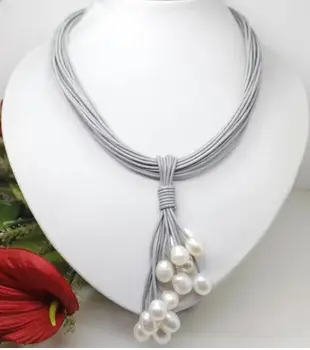 

Hot sell Noble- Magnet Clasp Fashion 10-12mm Real White Freshwater Pearl Pendant Necklace Leather Cor