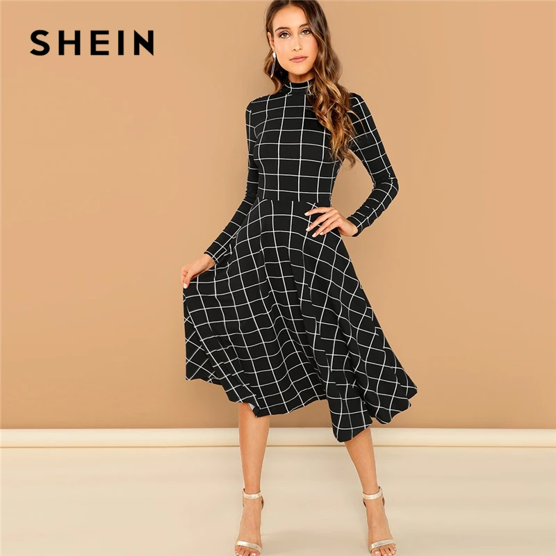 SHEIN Платье Клёш В Клетку С Длинным Рукавом Клетчатое Платье С Расклешенной Юбкой