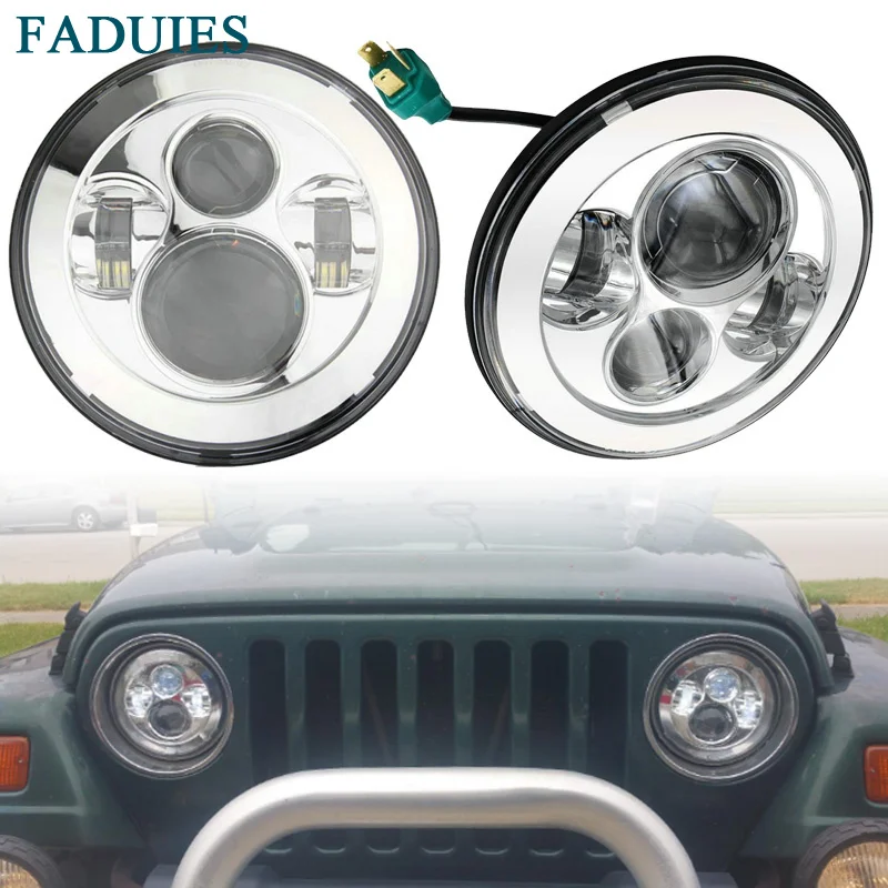 FADUIES Black 7 inch LED Headlight 40W H4 High low Beam For Jeep Wrangler JK 2 Door 4 Door LandRover Defender Headlamp (8)