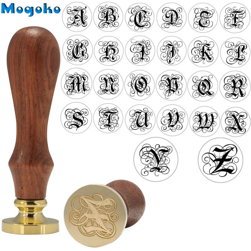 

Mogoko High Quality 1x Wooden Handle Gothic 26 Letters Alphabet Wax Badge Seal Stamp Wax Letter A-Z