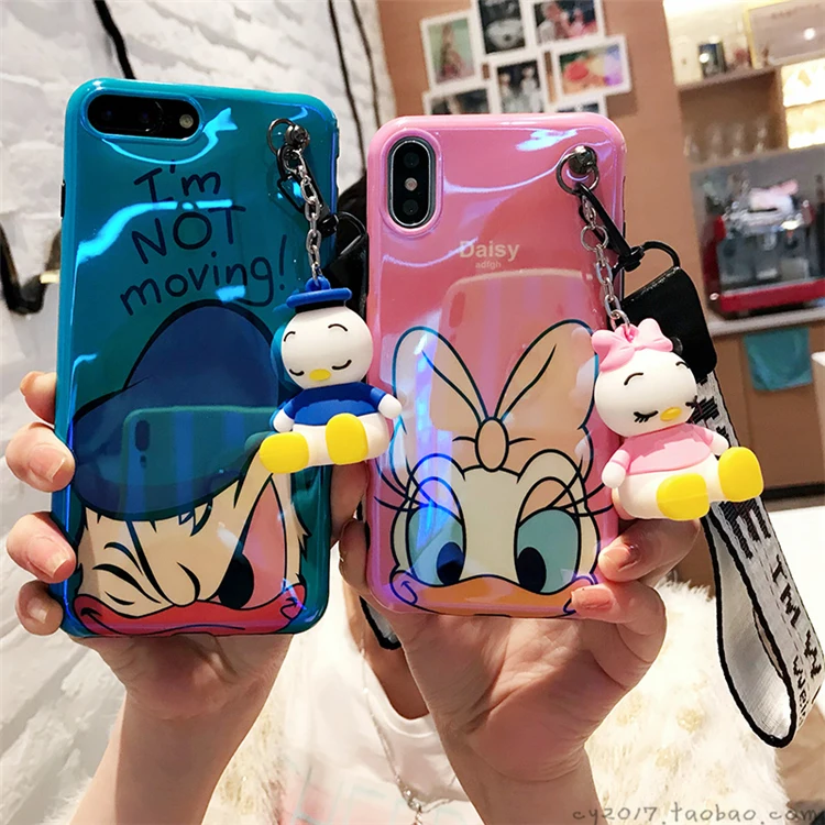 For iPhone XS max XR X cartoon case Cute pink daisy donald Soft 11pro 8 plus 7 6S cover + toy Straps |