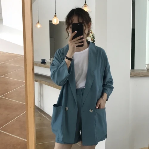 

Thin Blazer Set Black Wide Leg Pants 2 Set Woman Elastic Waist Shorts Elastic Loose Pocket Women Suits Lady Suit Office 2019