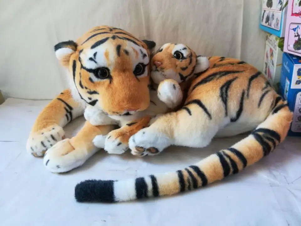 

large 60cm simulation yellow prone tiger plush toy mother hug baby tiger soft doll throw pillow toy Christmas gift h2502