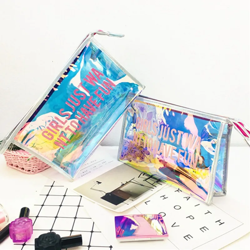 Transparent PVC Multicolor Laser Cosmetic Bag Women Clutch Portable Make Up Beauty Bag Storage Travel Toiletry Bath Wash Kit