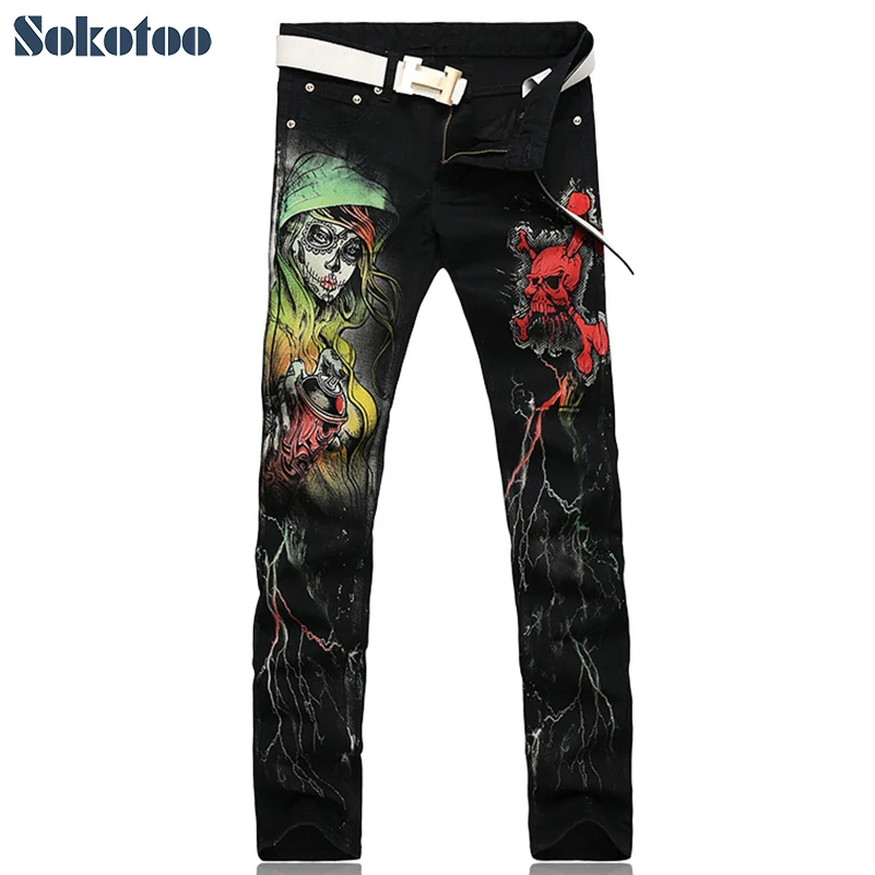 

Sokotoo Men's fashion skull printed jeans Slim fit colored drawing casual print denim pants Black long trousers