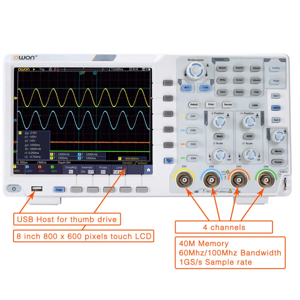 OWON XDS3104E 100 МГц 4CH 8 бит сенсорный экран низкий уровень шума Цифровой осциллограф SCPI IEC RS232 CAN+ сенсорный экран