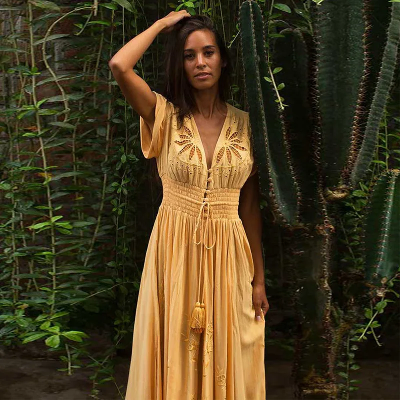 KHALEE YOSE желтый Boho вышивка макси платья Цветочный Длинные Женское платье выдалбливают кнопка спереди плюс размеры Gypsy пляжное платье