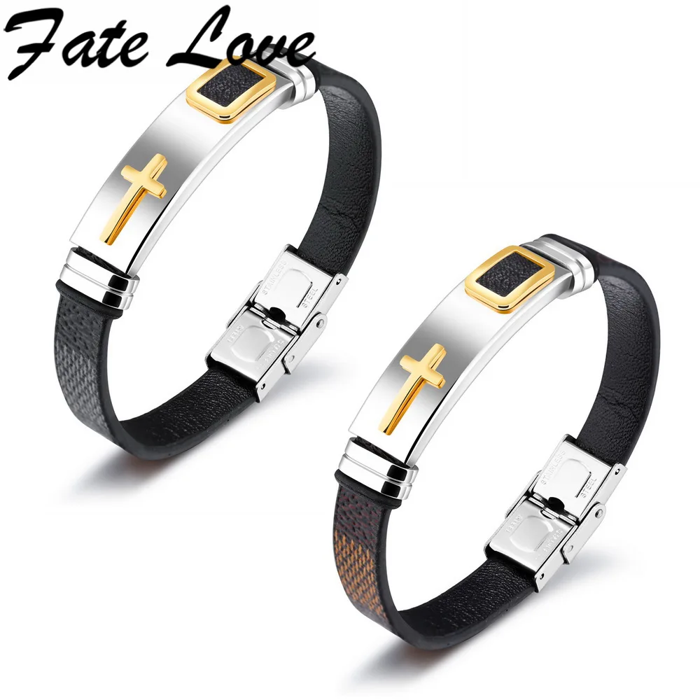 Fate Love Trendy Stainless Steel Cross Bracelets Man Wrist Jewelry Black/Brown Color Leather 185mm Charm Chain Bracelets FL1156