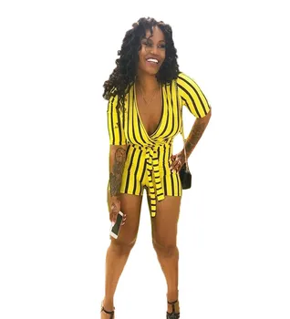 

Women Sexy Deep V Neck Striped Romper Casual Short Sleeve Sashes Short Jumpsuits Streetwear Playsuit Summer Overalls