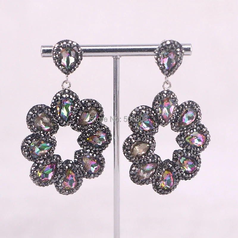 

3Pairs Zyunz Jewelry Fashion Drop Earrings Flower Rainbow Drop Cat Eye Stone Black Crystal Pave Dangle Earrings For Women