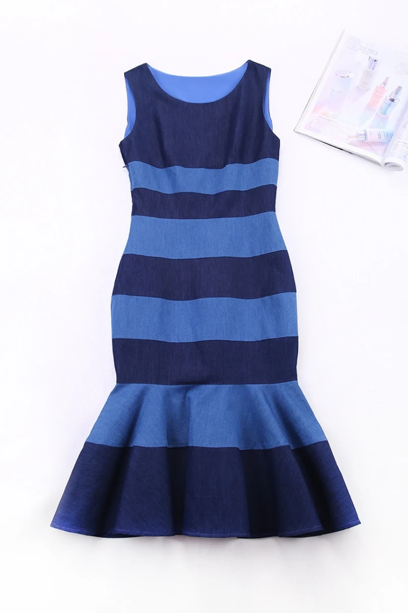 Женское платье Vestido джинсовое цветное лоскутное джинсовое платье с круглым вырезом без рукавов с оборками, платье русалки длиной до колена, женская одежда