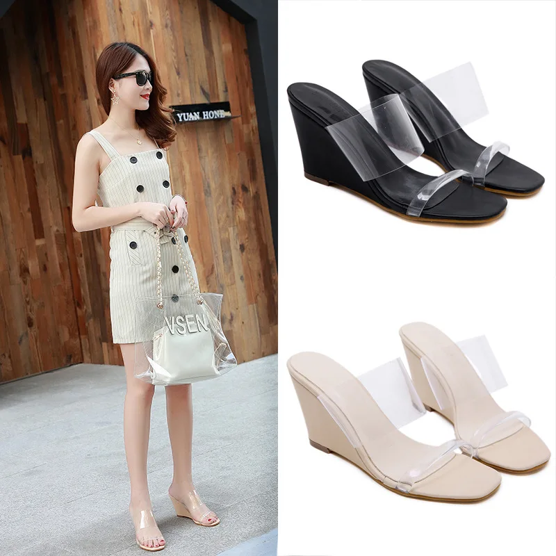

Beach Slippers For Women Women's Shoes 2019 Heeled Mules Slides Low On A Wedge Platform New Summer Heels Sliders Transparent PU