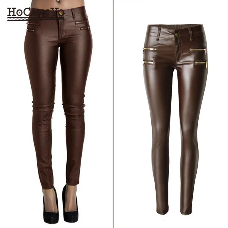 

HCYO Women Stretch Pants Low Waist Motorcycle Pant Leather Fake Zippers Washed Coated Denim Pants Skinny Pencil Pants Jeans