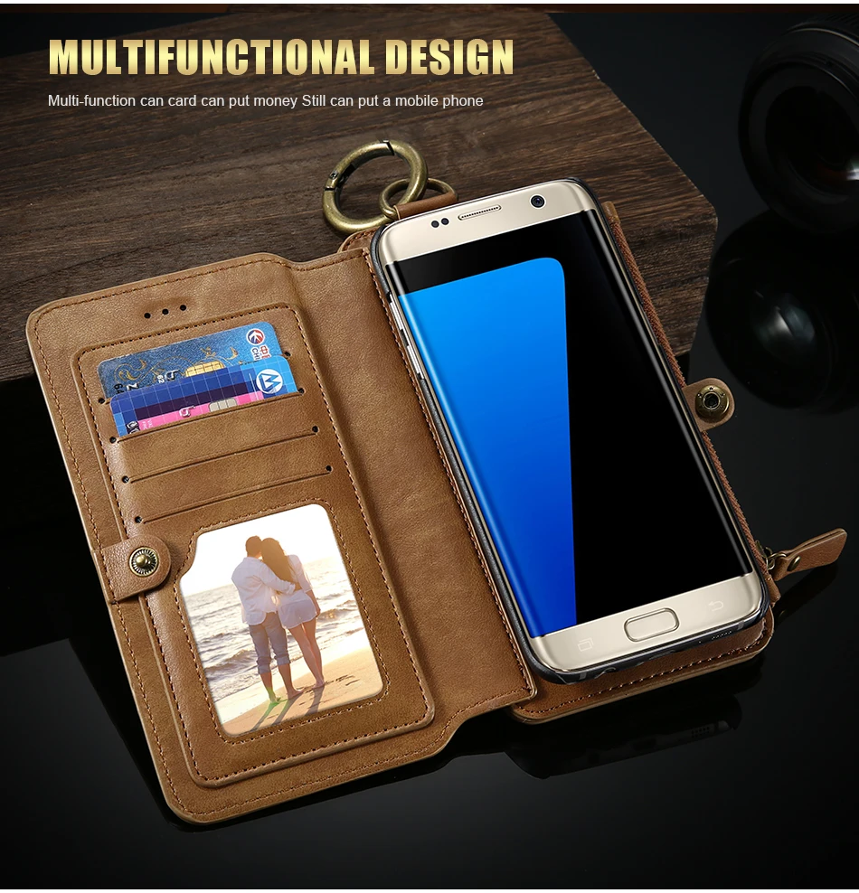 FLOVEME Hybrid Detachable Leather Case For Samsung Galaxy S7 Edge 18 Card Slot Metal Zipper Cash Storage Wallet Pouch Cover Bag (5)