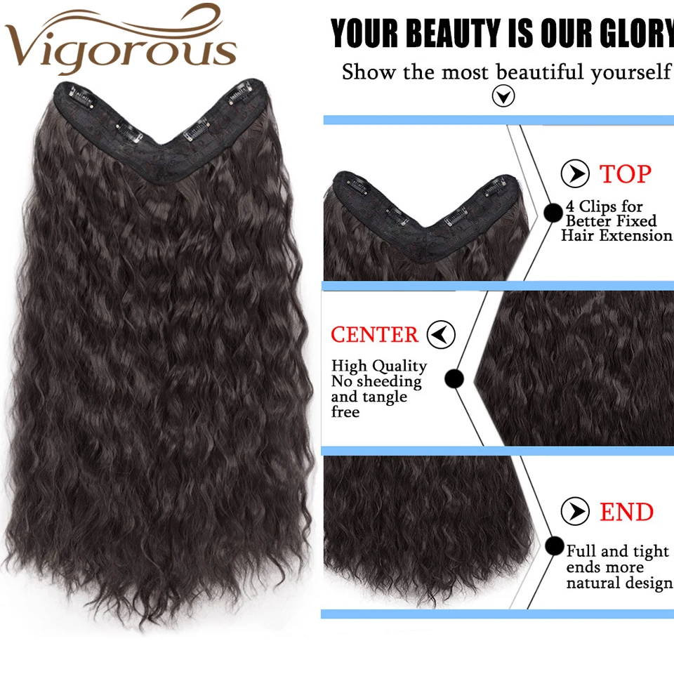 Vigorous 22 inches V-Part Clip in Hair Extension Water Wavy One Piece 3/4 Full Head Long Natural False Synthetic Hairpieces