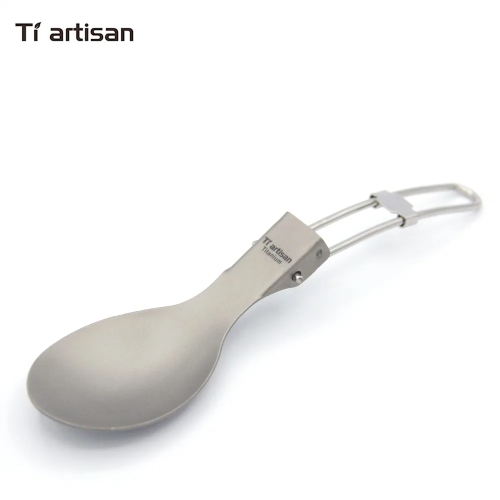 Tiartisan Titanium Folded handle Spoon Camping Cutlery Portable Picnic Tableware with 304 Stainless steel handle Spork Knife